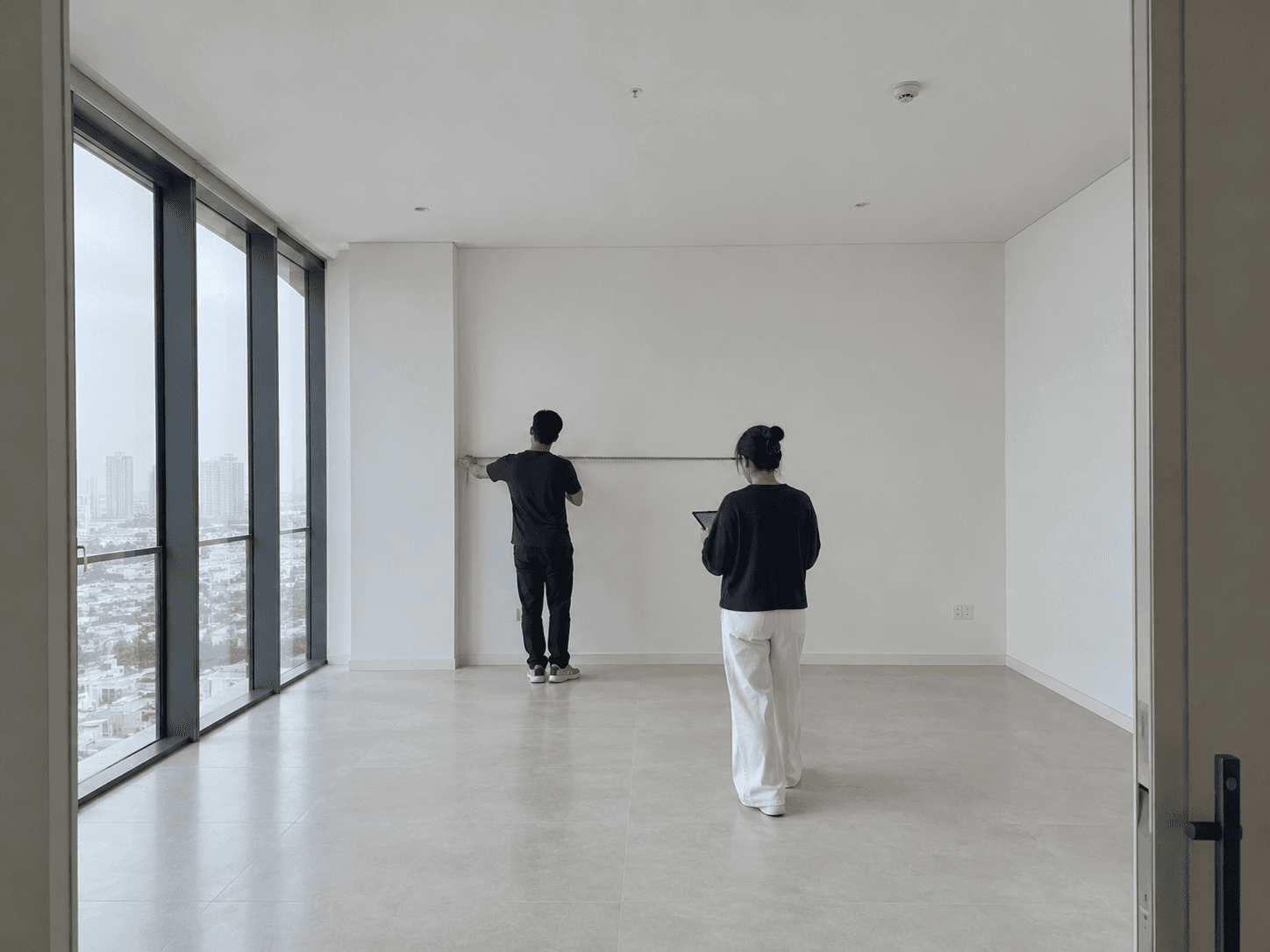 Two people measuring a wall in an empty room, one holding a clipboard.