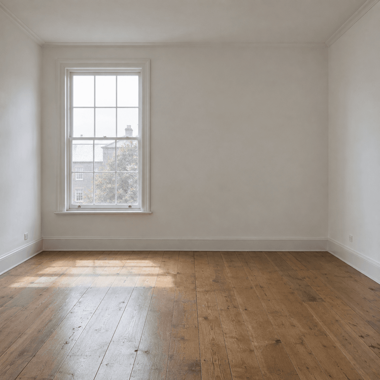 An empty living room with white walls, wide oak floorboards and a tall sash window.
