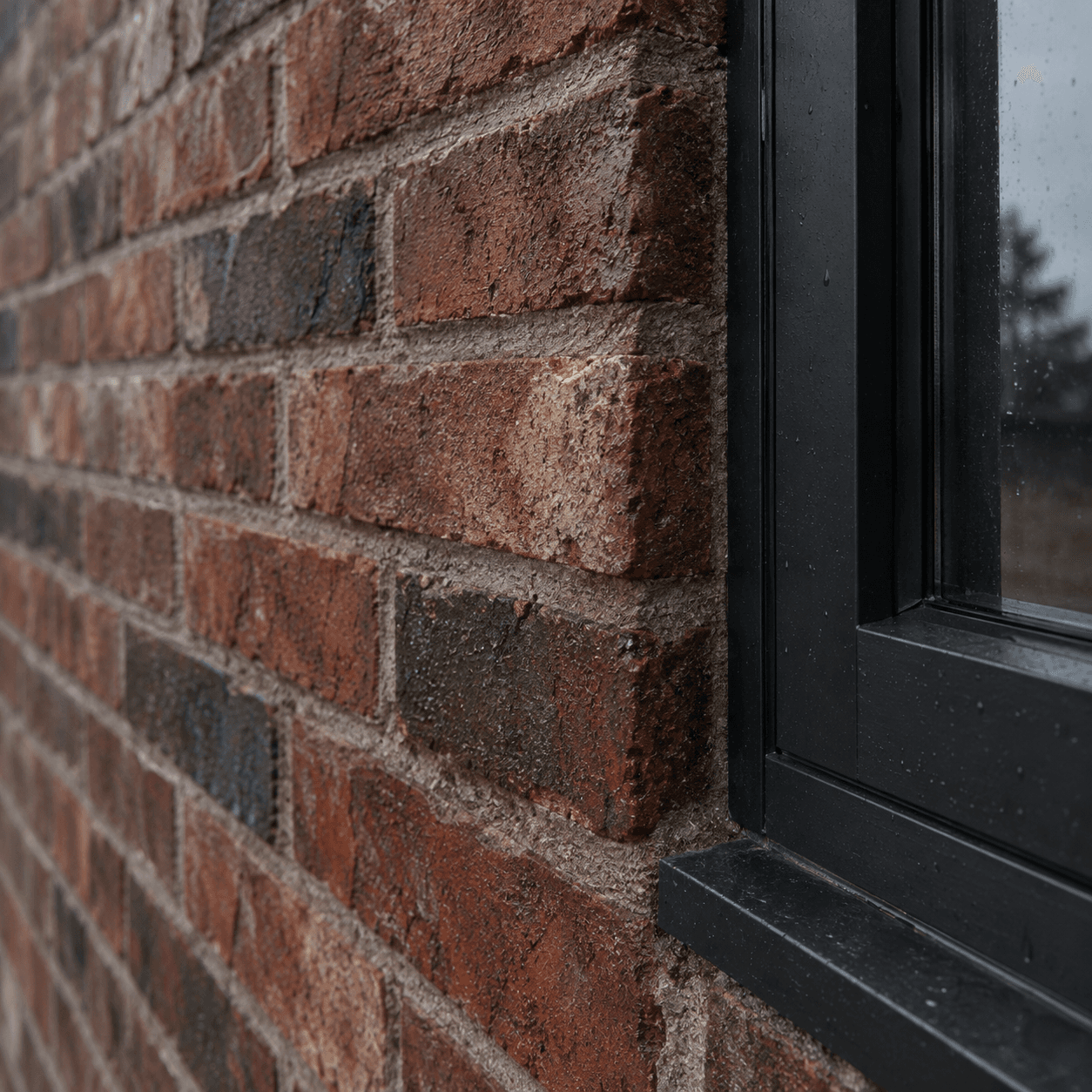 Close detail of a brick facade meeting a black metal window frame.