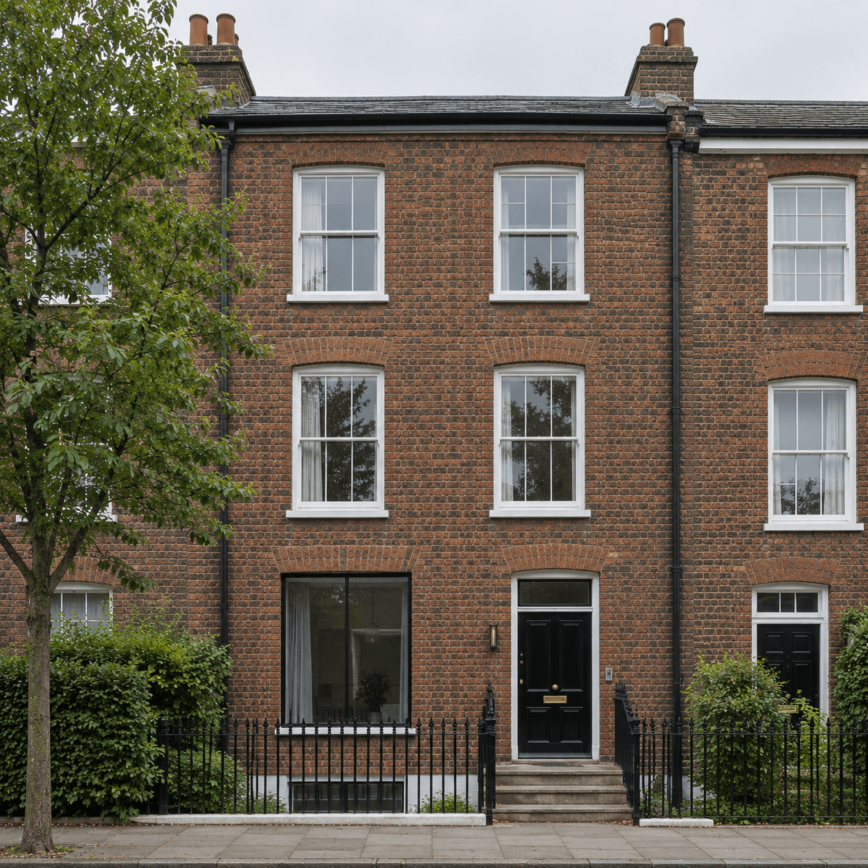 Restored Victorian townhouse in dark brick with a black front door.