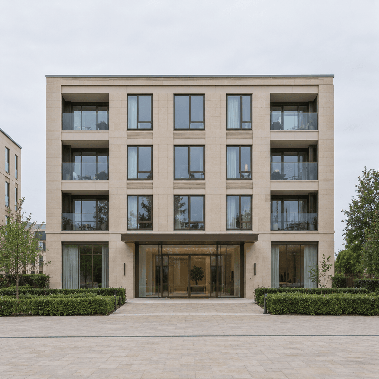 A five storey apartment building in pale stone with a glazed entrance at street level.