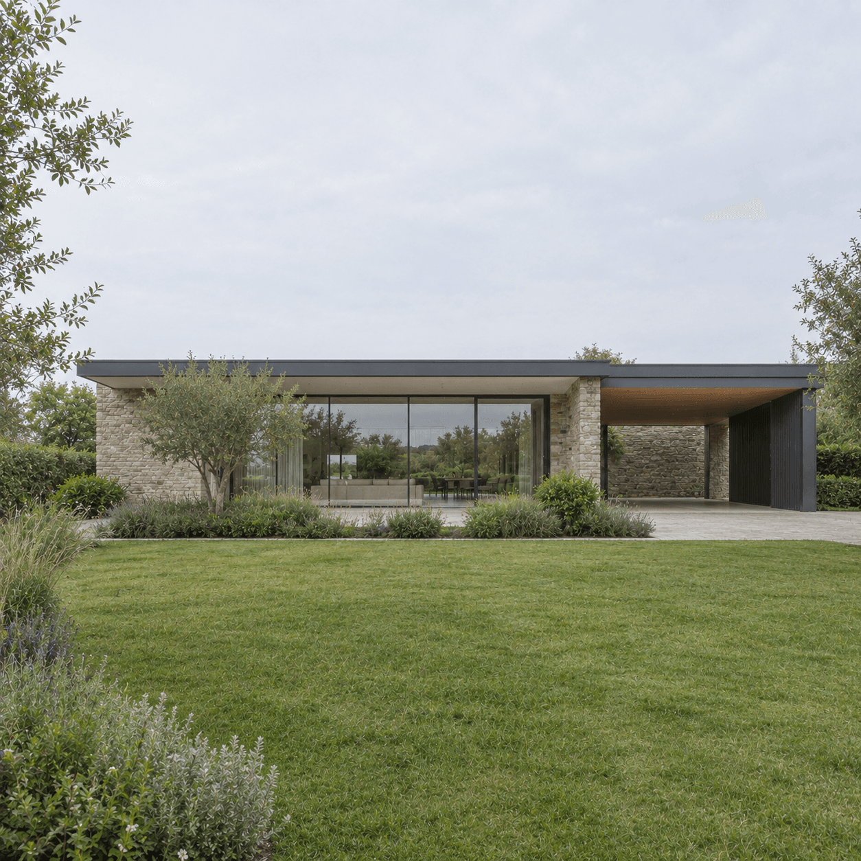 A low house set back behind a wide lawn at the end of a quiet close.