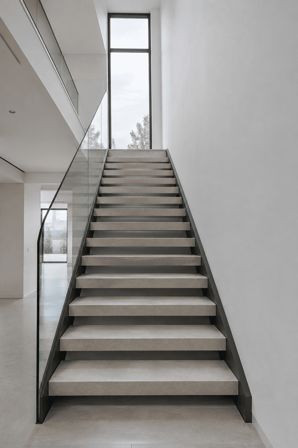 A concrete stair with a glass balustrade rising through a white hallway.
